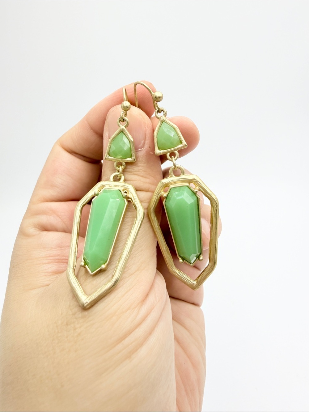 Geometric Mint Green Gold Tone Dangle Earrings